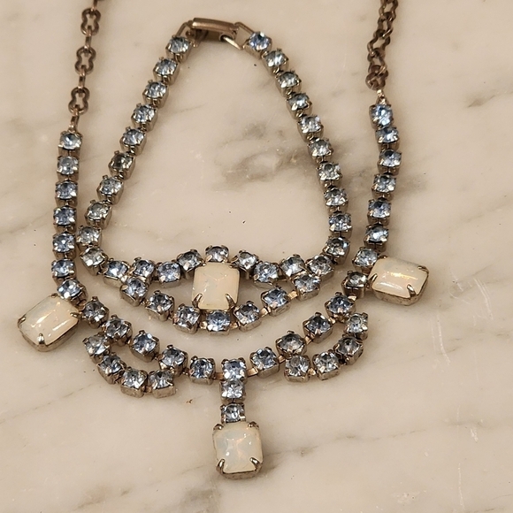 15" Vintage Rhinestone Choker Necklace & Bracelet Demi Parure Blue Opalescent - Picture 6 of 16